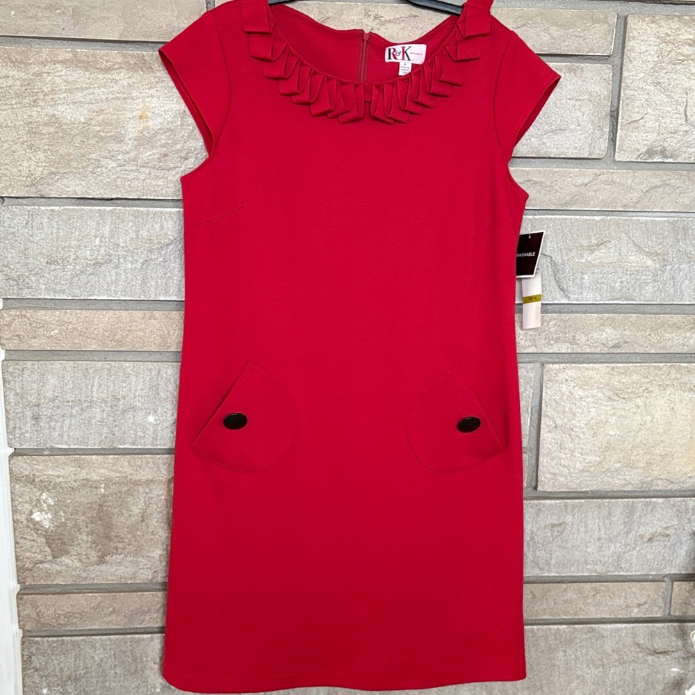 R&K Bright Red Ruffle Neck Cap Sleeve Shift Dress
